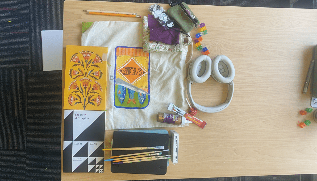 An overhead shot of various items on a wooden desk, including books, art supplies, headphones, and a small bag.