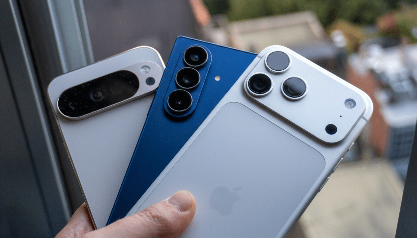 A hand holding three smartphones: a white Google Pixel, a blue smartphone with three cameras, and a silver iPhone.