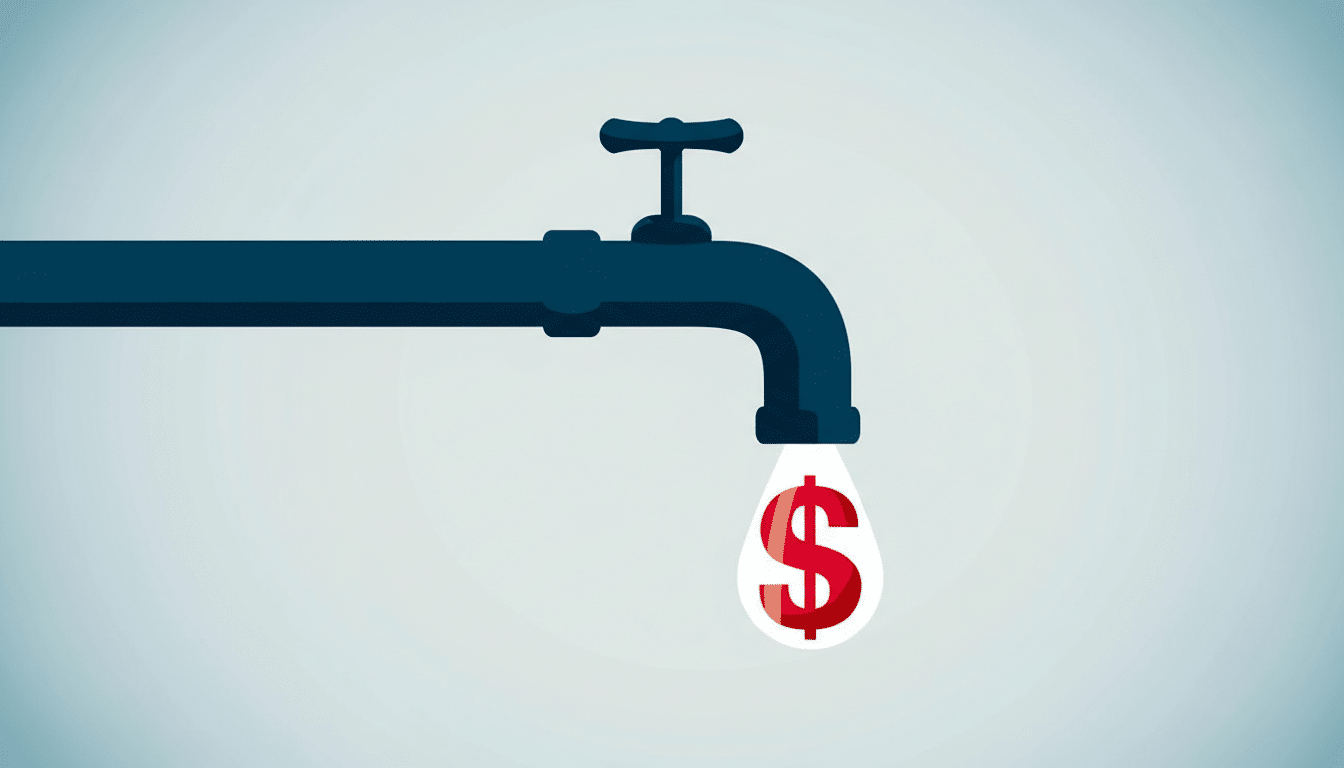 A dark blue faucet with a single drop of water containing a red dollar sign falling from it, set against a light blue background.