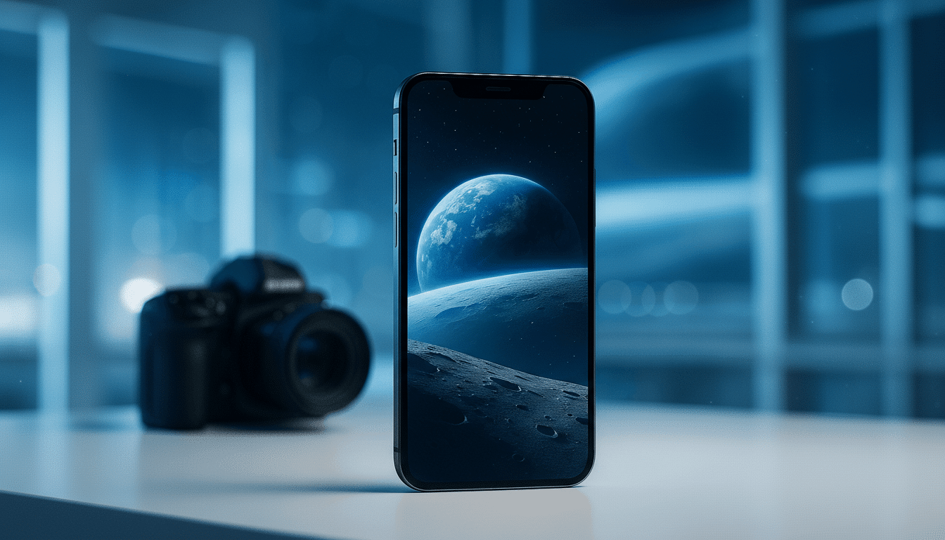 A smartphone displaying a cosmic scene with a planet and moon, set against a blurred blue background with a camera.