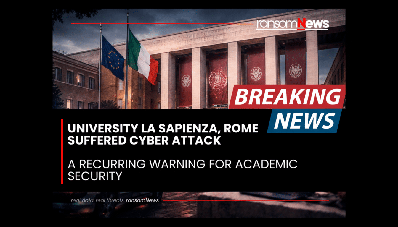 A news graphic with the headline UNIVERSITY LA SAPIENZA, ROME SUFFERED CYBER ATTACK and A RECURRING WARNING FOR ACADEMIC SECURITY over an image of a building with flags.