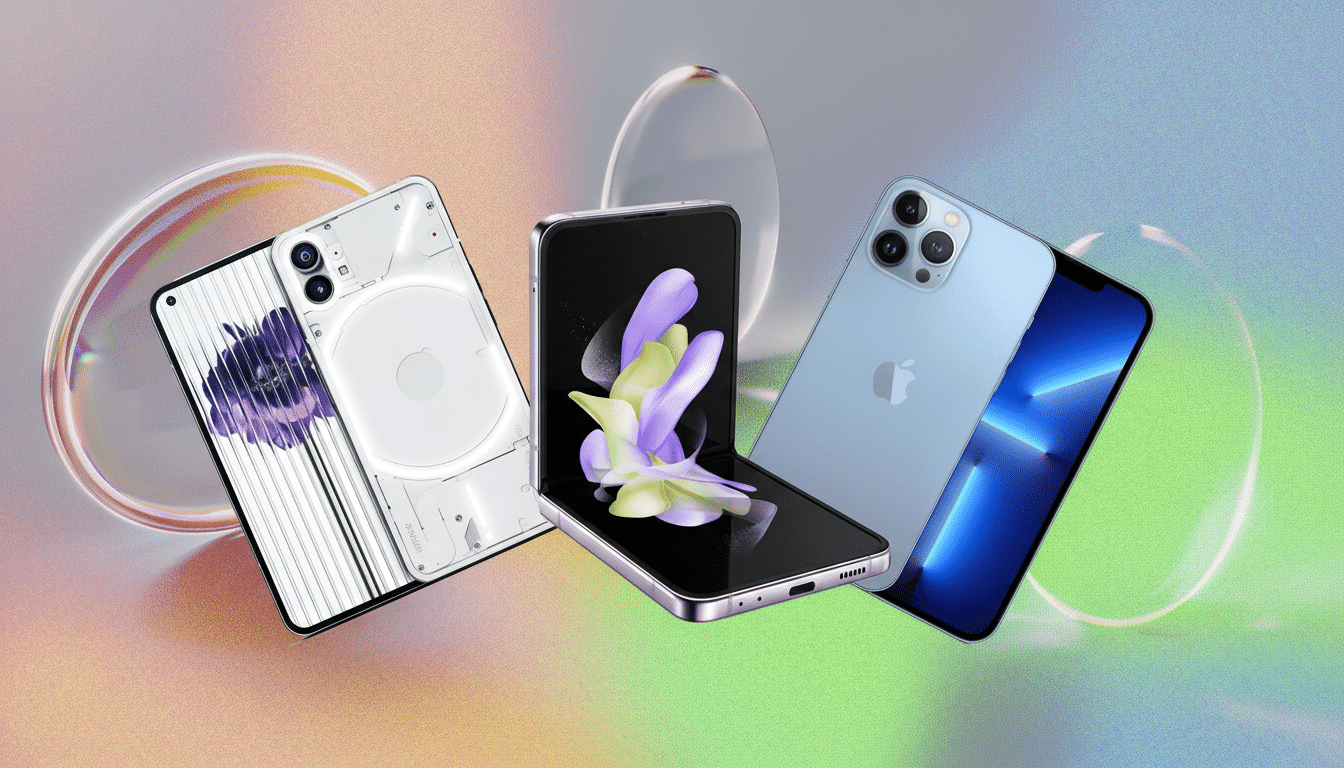 Three smartphones, including a white Nothing Phone (1), a purple Samsung Galaxy Z Flip4, and a blue iPhone 13 Pro, are displayed at an angle against a soft, gradient background with subtle patterns.