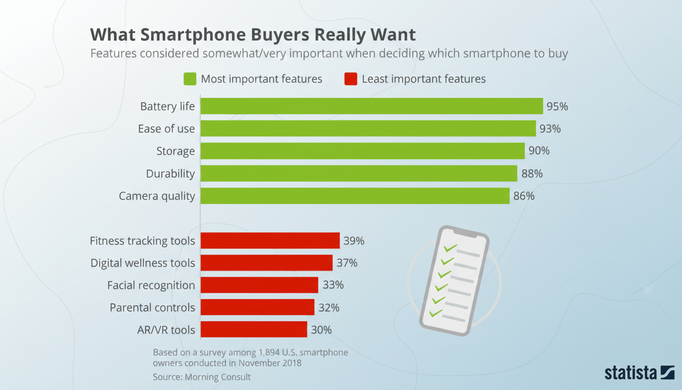 A bar chart titled What Smartphone Buyers Really Want showing the most and least important features for smartphone buyers. Most important features (green bars) include Battery life (95%), Ease of use (93%), Storage (90%), Durability (88%), and Camera quality (86%). Least important features (red bars) include Fitness tracking tools (39%), Digital wellness tools (37%), Facial recognition (33%), Parental controls (32%), and AR/VR tools (30%). The chart is based on a survey of 1,894 U.S. smartphone owners in November 2018.