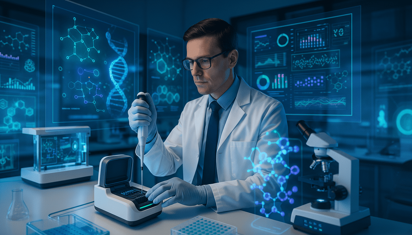 A male scientist in a lab coat and glasses using a pipette with scientific data displayed on screens in the background.