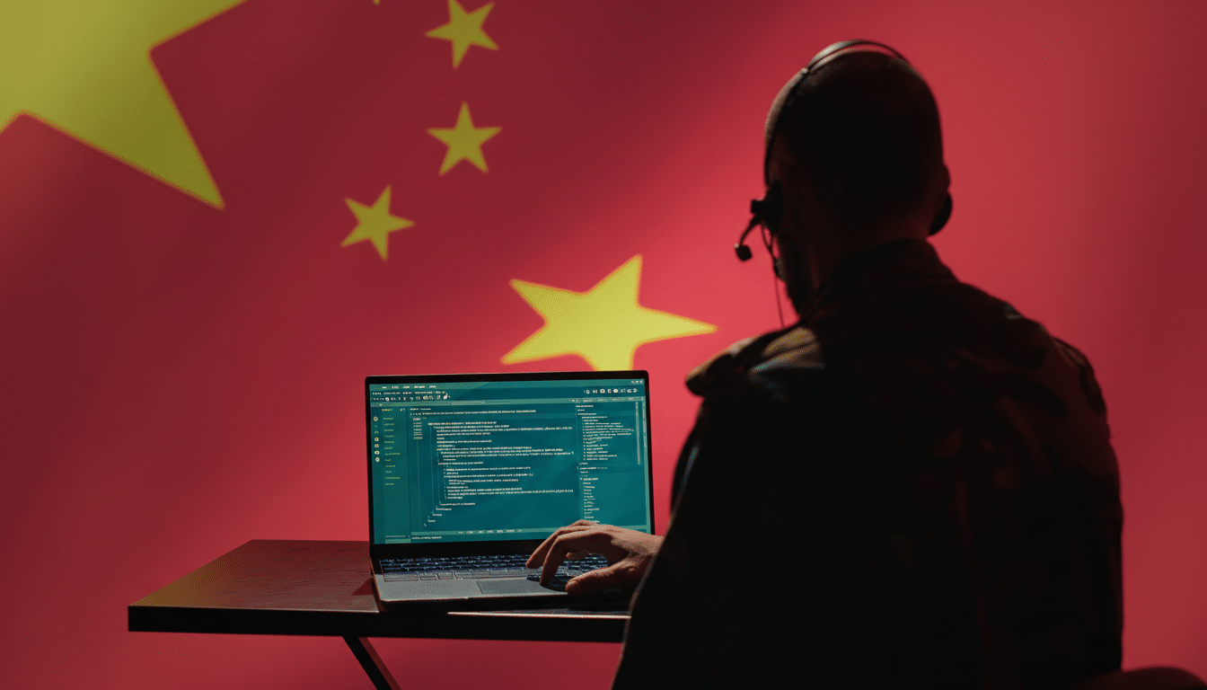A person in military attire with a headset, seen from behind, working on a laptop with code displayed on the screen. The background is a large, illuminated flag of China.