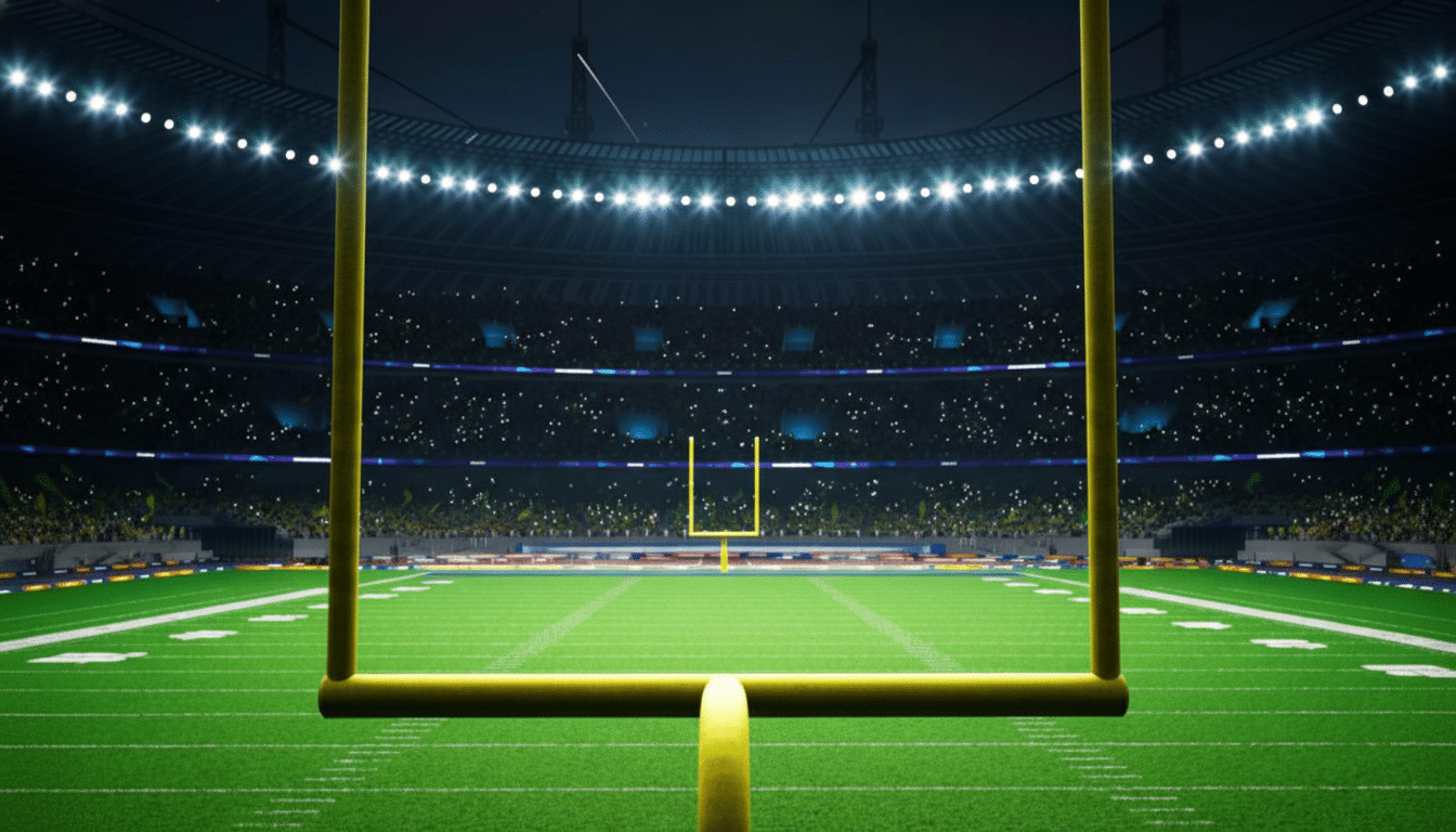 A wide-angle view of an American football stadium at night, with bright lights illuminating the green field and yellow goalposts in the foreground. The stands are filled with spectators, and another set of goalposts is visible in the distance.