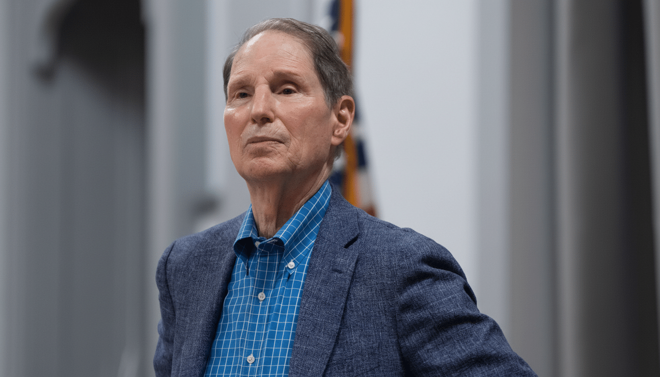 A man in a blue checkered shirt and a dark blue blazer, resized to a 16:9 aspect ratio, with the original background maintained.