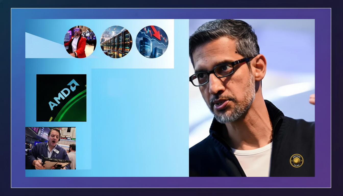 A collage of images related to technology and finance, featuring Sundar Pichai, the AMD logo, and various stock market scenes, resized to a 16:9 aspect ratio.