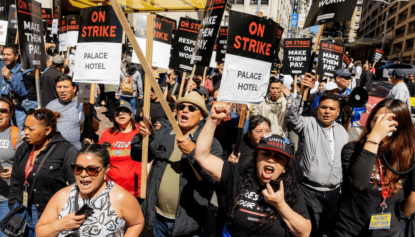 A crowd of people protesting, holding signs that read ON STRIKE and PALACE HOTEL.