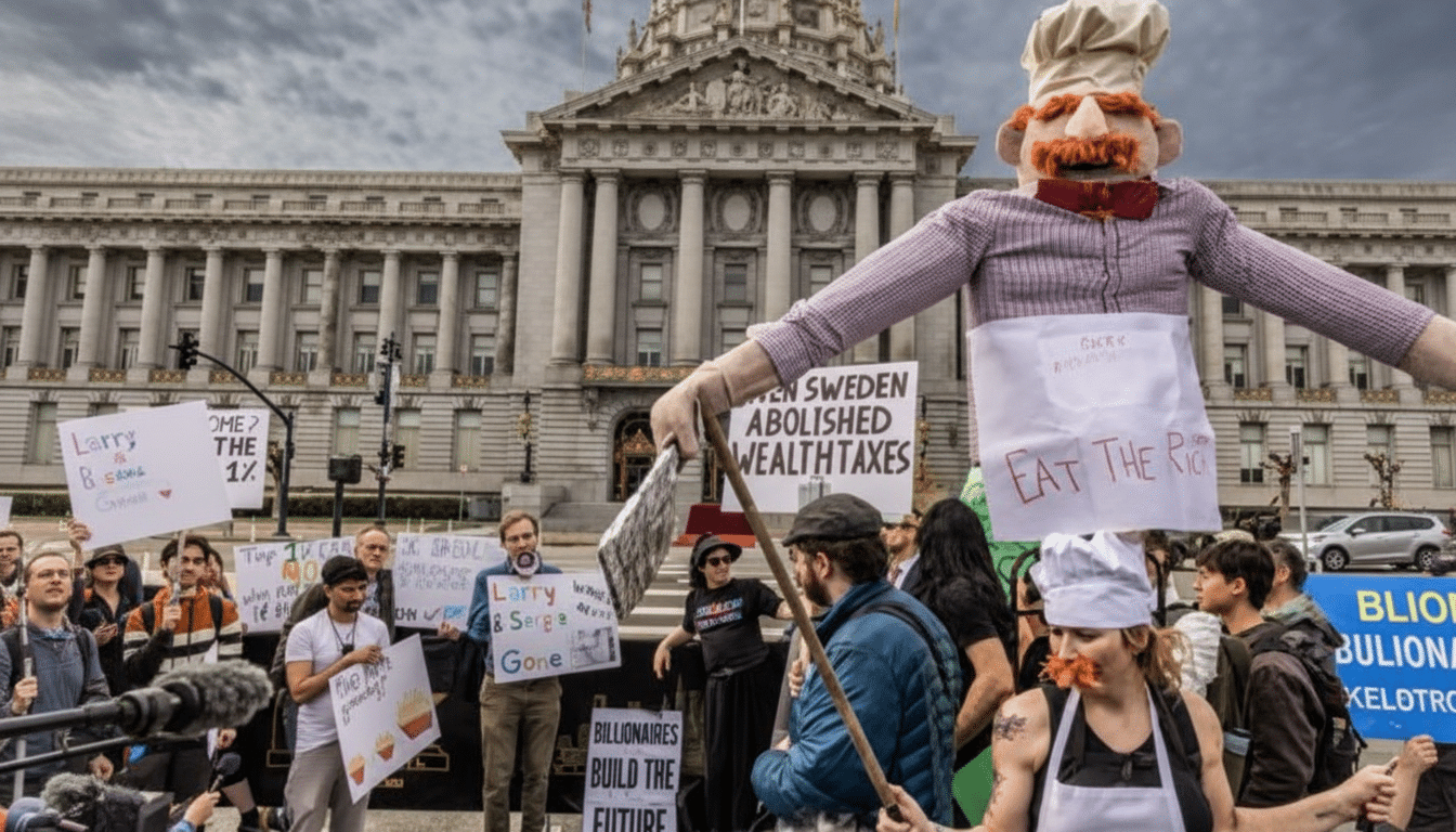A protest scene with a large puppet chef holding a sign that says Eat the Rich in front of a grand building.