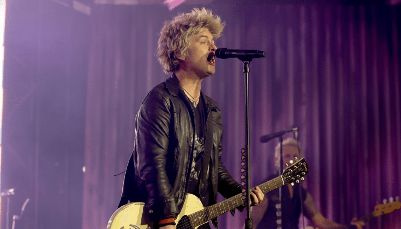 A man with spiky blonde hair and a black leather jacket sings into a microphone while playing a white electric guitar on stage.