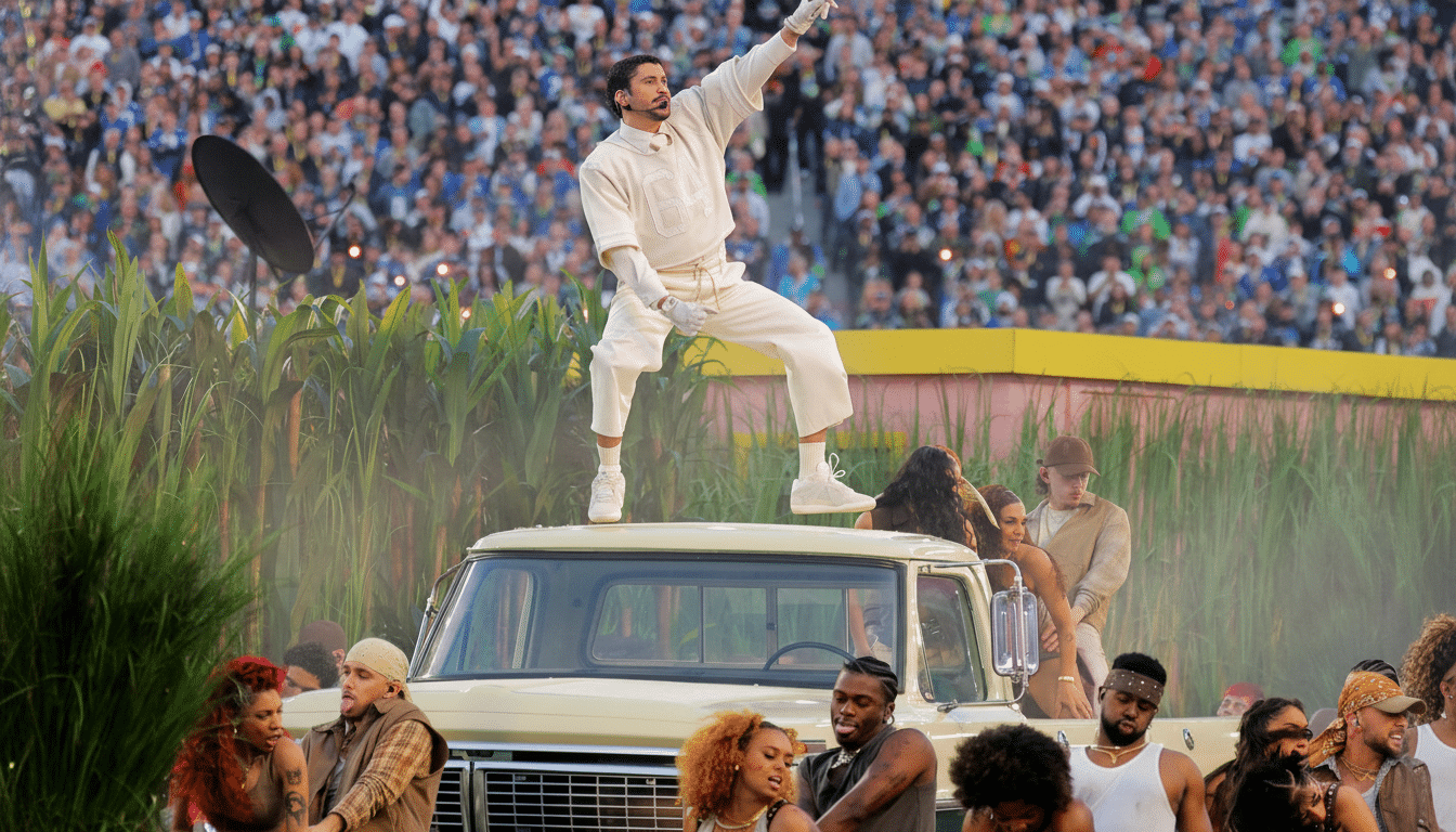A male performer in a white outfit stands on top of a light-colored pickup truck, with his arm raised, during a performance in a stadium filled with spectators.