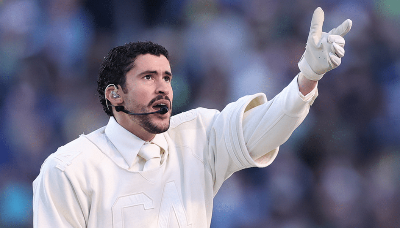 A man with dark curly hair and a beard, wearing a white long-sleeved shirt, a white tie, and a white glove on his raised right hand, with a microphone headset on his face, against a blurred background of a stadium.