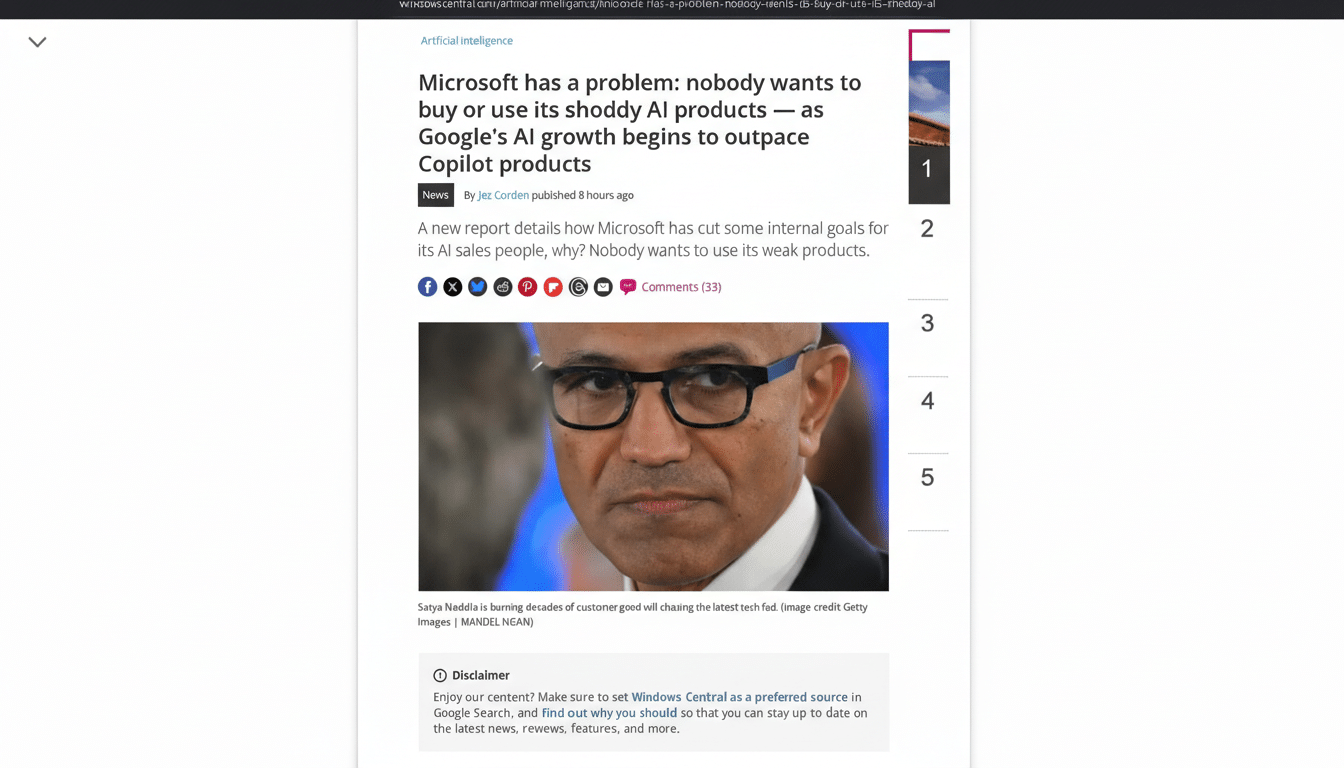 A screenshot of a news article titled Microsoft has a problem: nobody wants to buy or use its shoddy AI products — as Googles AI growth begins to outpace Copilot products. The article features a close-up image of Satya Nadella, CEO of Microsoft, wearing glasses and a suit.