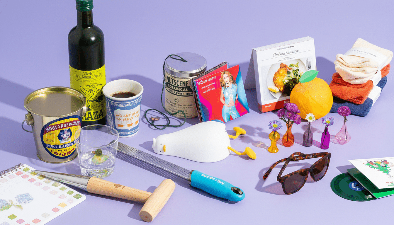 A collection of various household items, including a bottle of olive oil, a tin of mustard, a coffee cup, a grater, sunglasses, a cookbook, and decorative items, arranged on a purple surface.