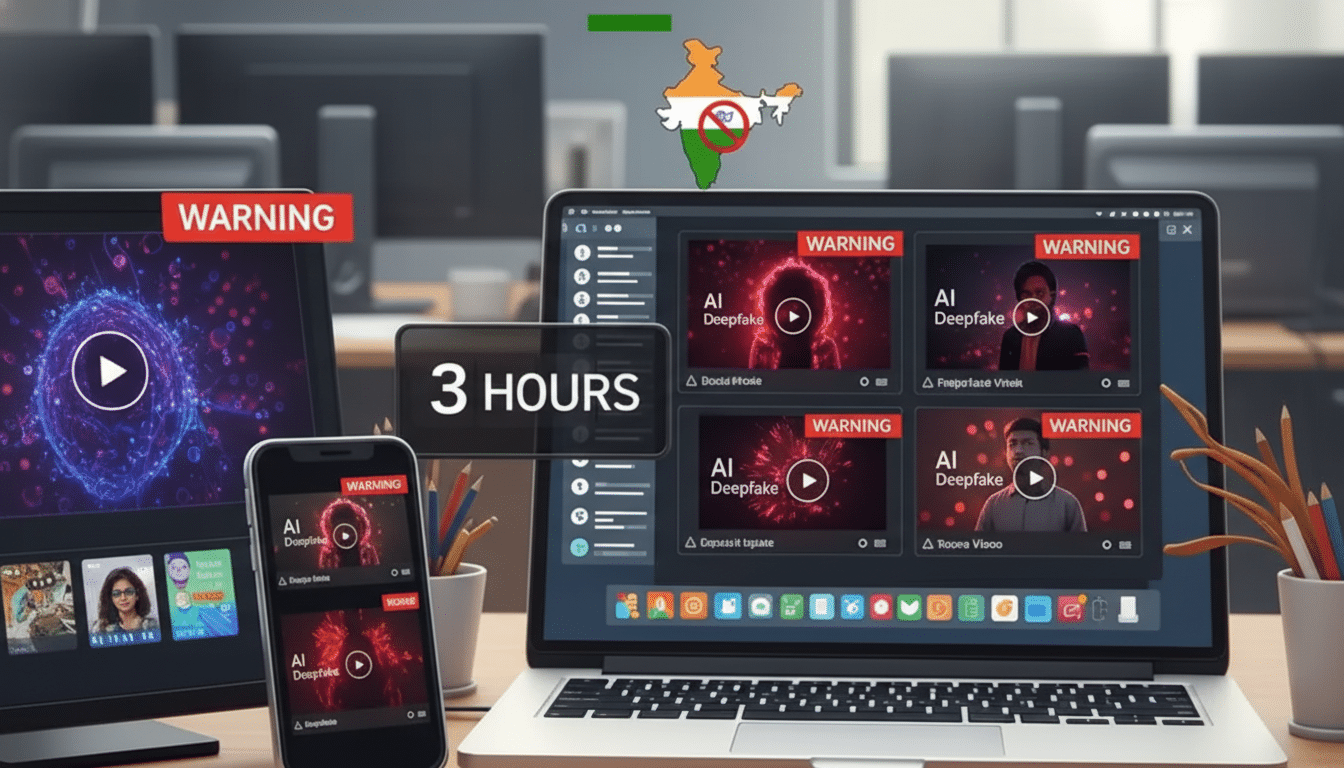 A laptop and a smartphone displaying AI Deepfake warnings, with a map of India overlaid with a no symbol in the background.