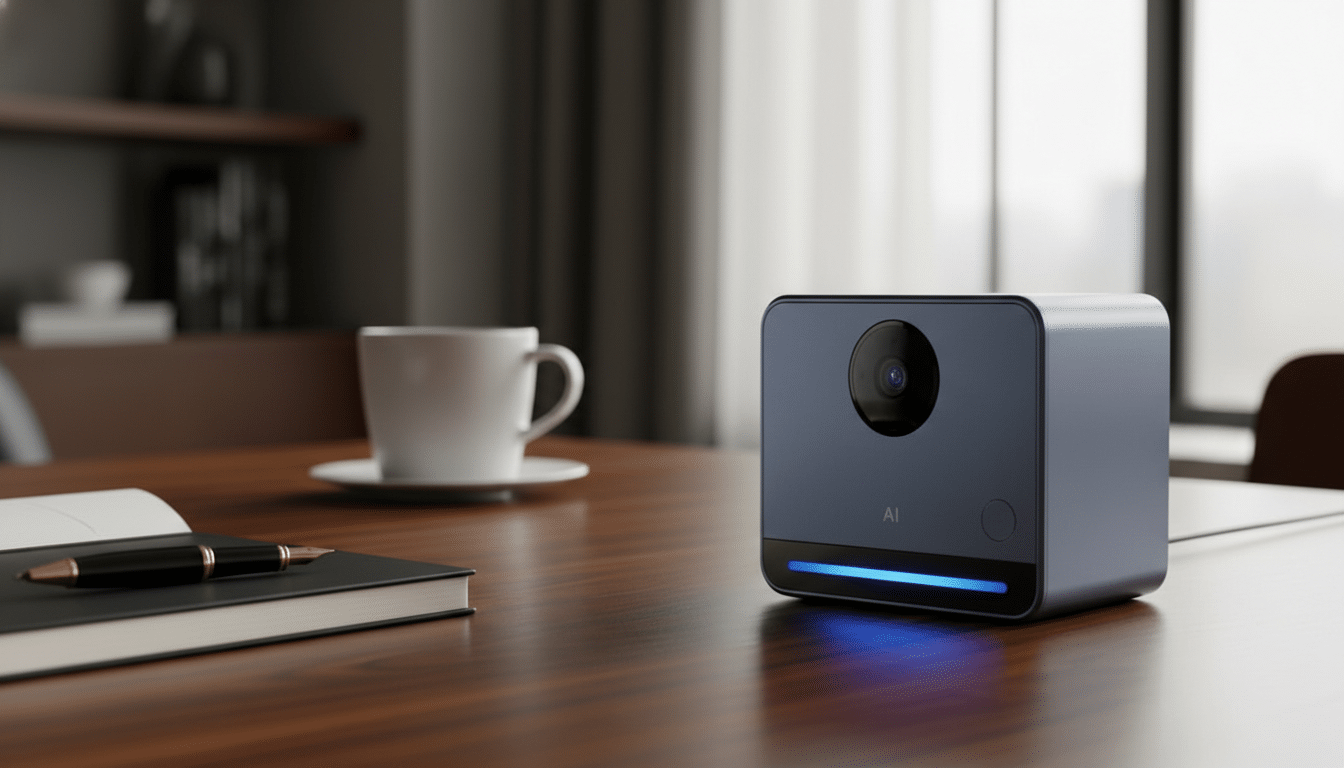 A dark blue AI camera device with a glowing blue light on a wooden desk, alongside a white coffee cup and a notebook with a pen.