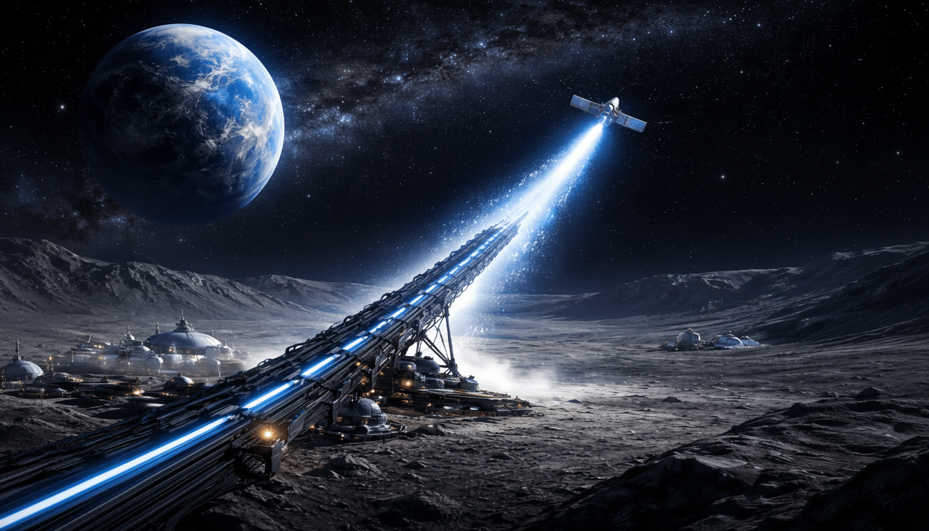 A futuristic space scene on a moon-like surface, featuring a long structure emitting a bright blue beam towards a satellite in orbit. In the background, a large blue planet and a starry sky are visible.