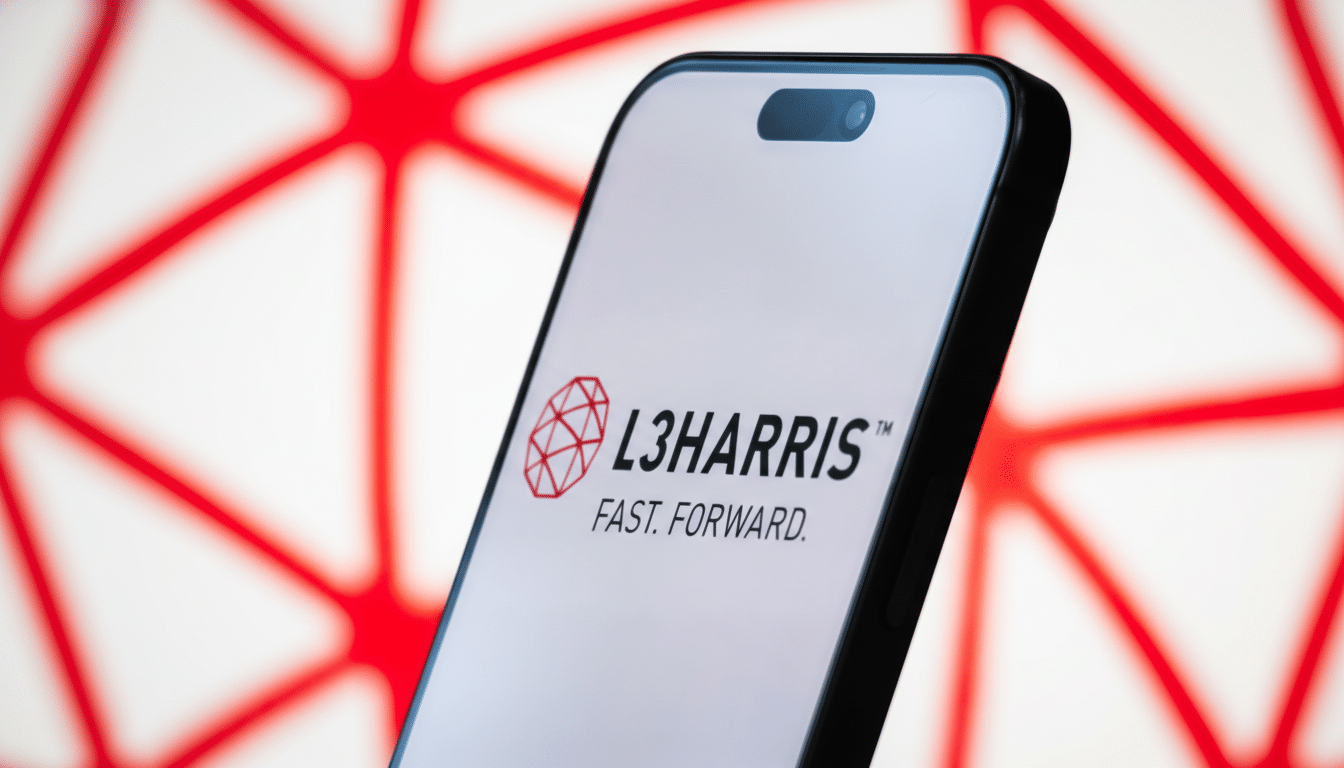 A close-up shot of a smartphone displaying the L3Harris logo and FAST. FORWARD. text on its screen, set against a red geometric background.
