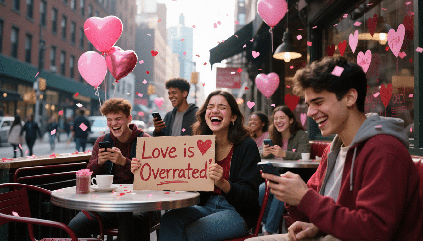 A group of young people laughing and looking at their phones at an outdoor cafe, with one person holding a sign that says Love is Overrated.
