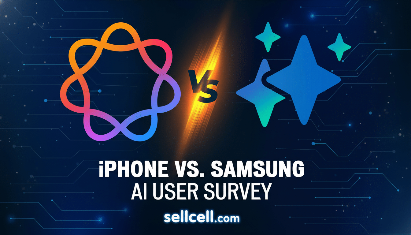 A 16:9 aspect ratio image with IPHONE VS. SAMSUNG AI USER SURVEY and sellcell.com text, featuring a colorful, intertwined circle on the left and a blue, star-like shape on the right, separated by a glowing VS symbol, all against a dark blue background with subtle circuit patterns.