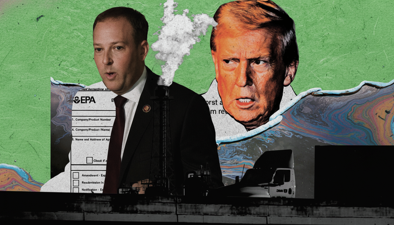 A political collage featuring two men, one with smoke rising from his head, against a backdrop of environmental themes including an EPA form, oil spills, and industrial structures.