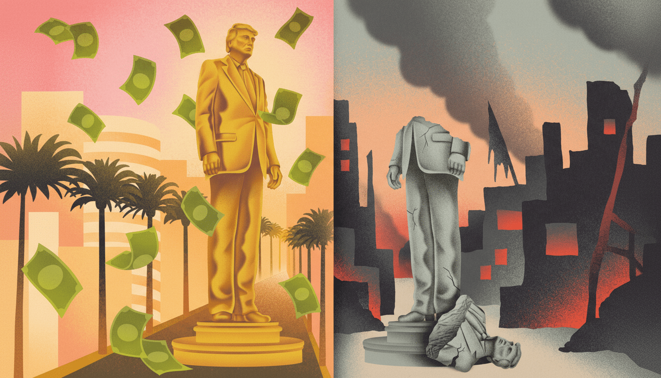 A split image showing a golden statue of a man with money falling around him on the left, and a broken, headless statue in a ruined city on the right.