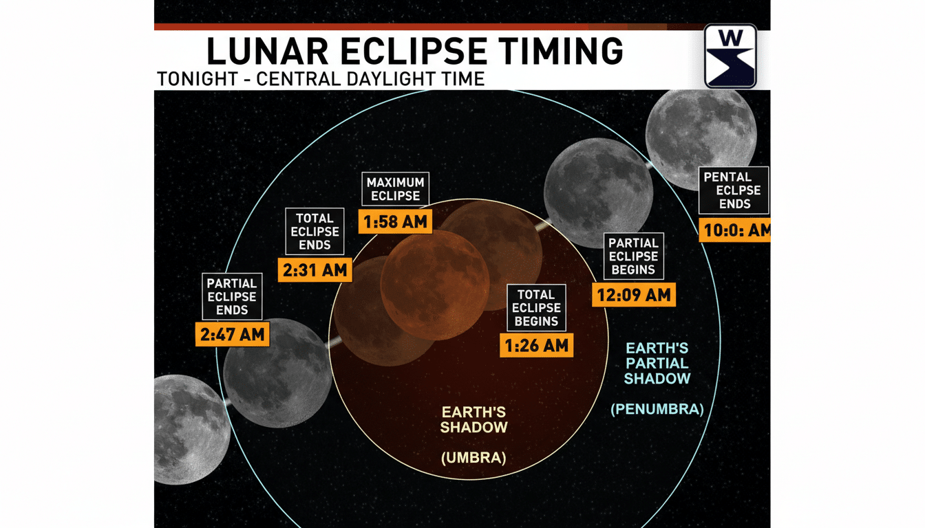 A diagram illustrating the timing of a lunar eclipse, showing the moon at various stages of entering and exiting Earths umbra and penumbra shadows, with specific times for each phase.