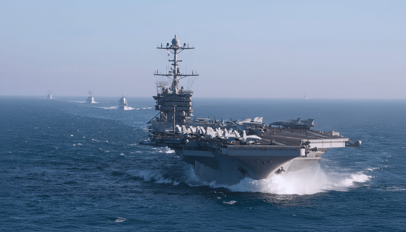 An aircraft carrier leads a line of warships across the ocean.