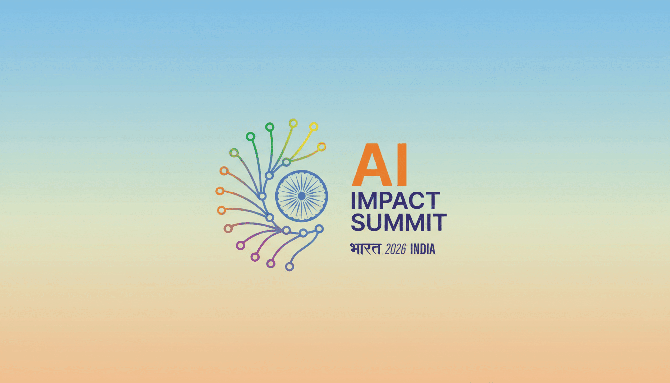 The AI Impact Summit 2026 India logo is presented on a professional 16:9 aspect ratio background with a soft blue and orange gradient. The logo features a stylized circuit board design forming a semi-circle with colorful nodes, connected to a blue Ashoka Chakra symbol. To the right, the text AI IMPACT SUMMIT is displayed in orange and black, with भारत 2026 INDIA below it.