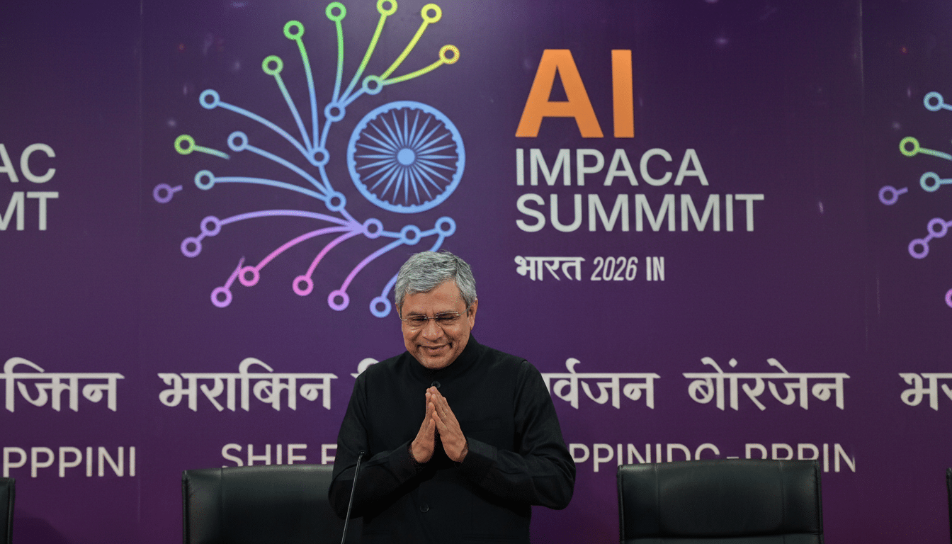 A man in a black shirt and glasses, with his hands pressed together in a namaste gesture, stands in front of a purple backdrop with AI IMPAC SUMMIT and other text.