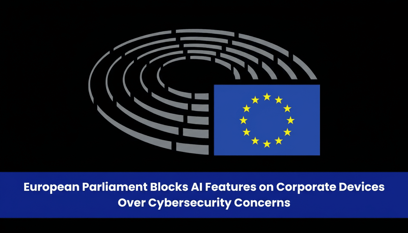 The European Parliament logo, a stylized representation of the parliament building, is shown next to the European Union flag. Below them, text reads European Parliament Blocks AI Features on Corporate Devices Over Cybersecurity Concerns.