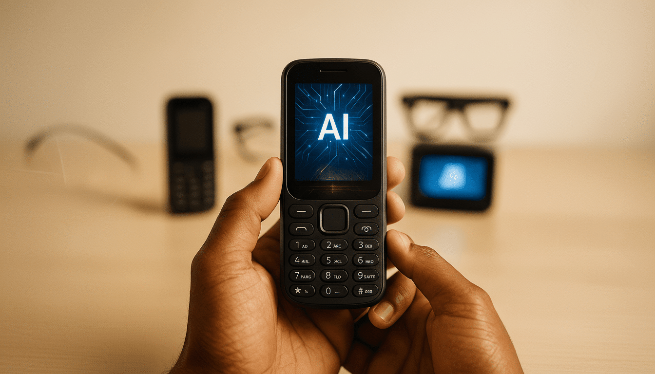 A person holding a black feature phone with AI displayed on its screen, set against a blurred background of a desk with other objects.