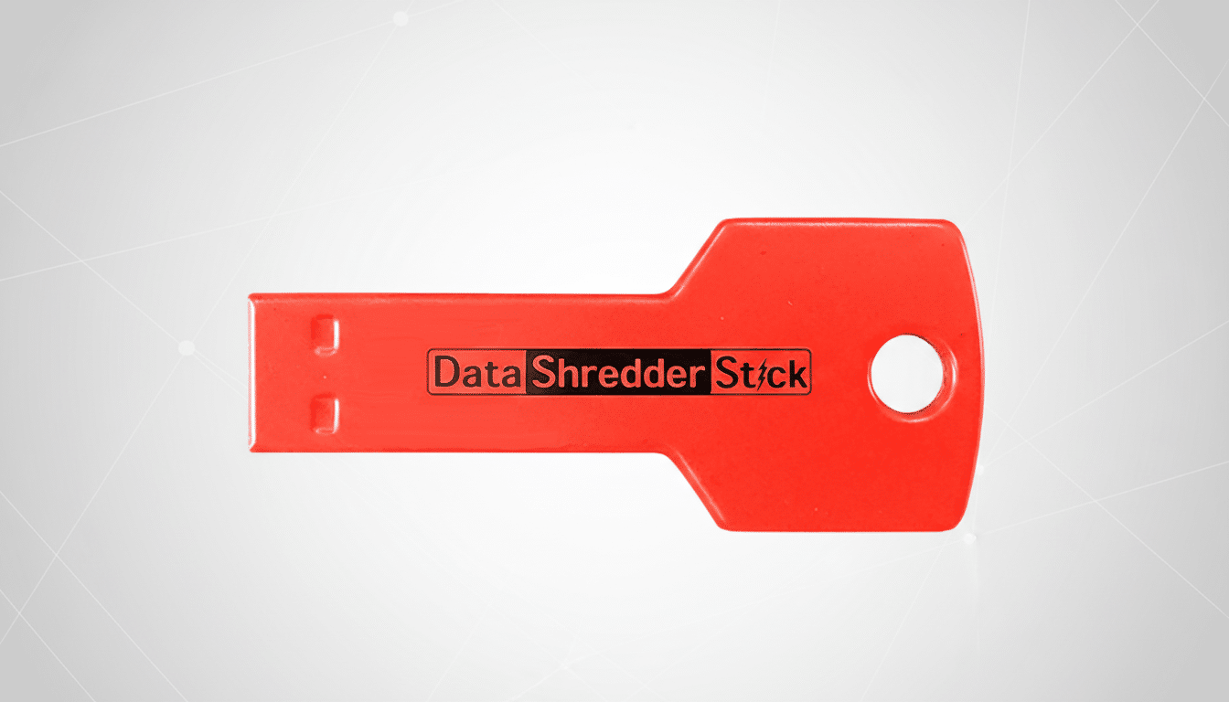 A red Data Shredder Stick USB drive on a professional flat design background with soft patterns.