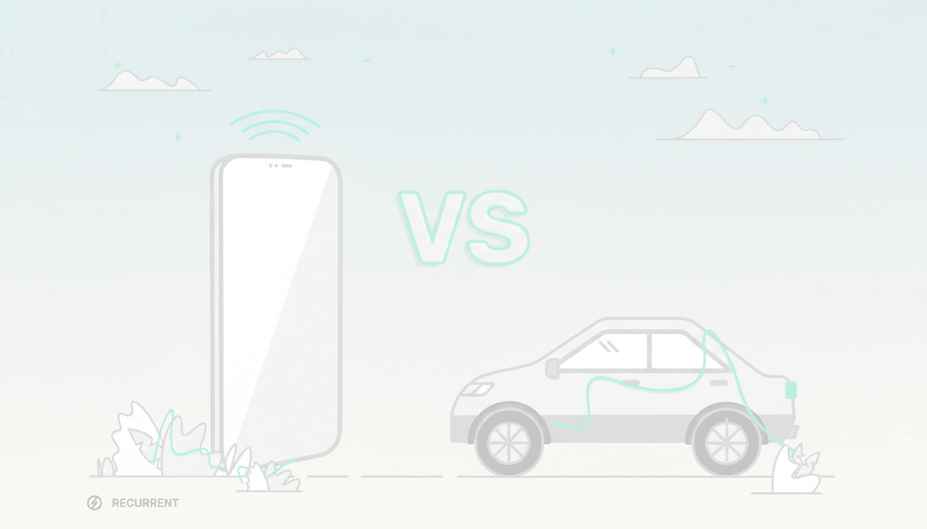 A professional illustration comparing a smartphone with wireless charging capabilities to a car being charged with a cable, set against a subtle gradient background with soft cloud patterns.