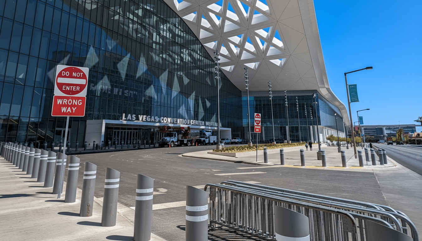 The Las Vegas Convention Center West Hall entrance on a clear day, with a Do Not Enter / Wrong Way sign prominently displayed.