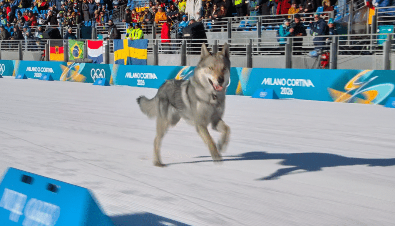 A wolf running on a snowy track with spectators and Olympic branding in the background.