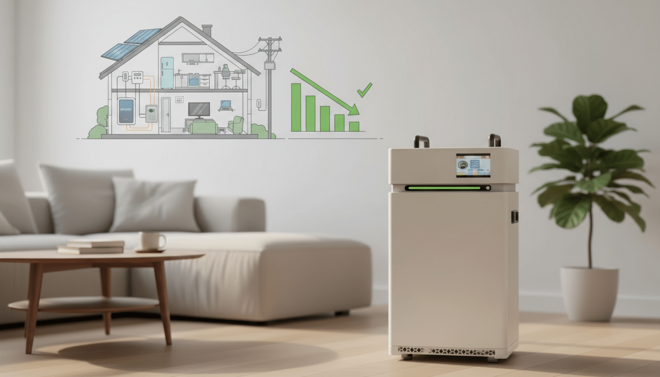 A home energy management system in a living room, with a diagram showing energy flow and reduced consumption.