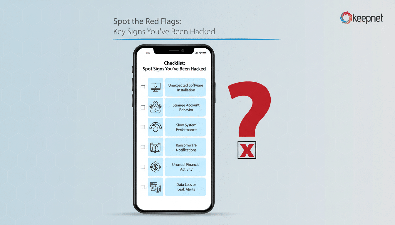 An image titled Spot the Red Flags: Key Signs Youve Been Hacked with a smartphone displaying a checklist of signs of being hacked, next to a large red question mark with an X below it.