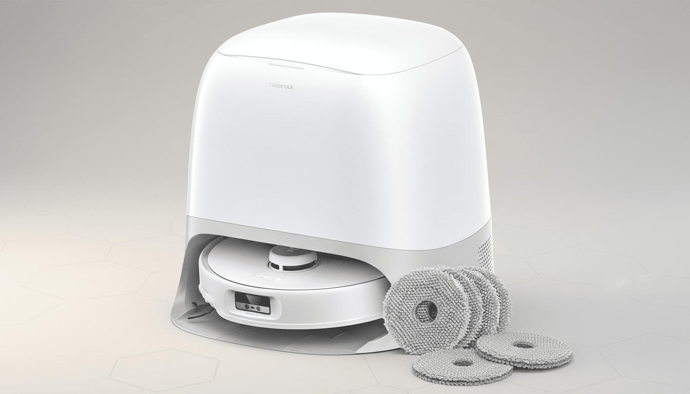 A white Roborock robot vacuum and its docking station, with four gray mop pads beside it, set against a professional flat design background with soft patterns.