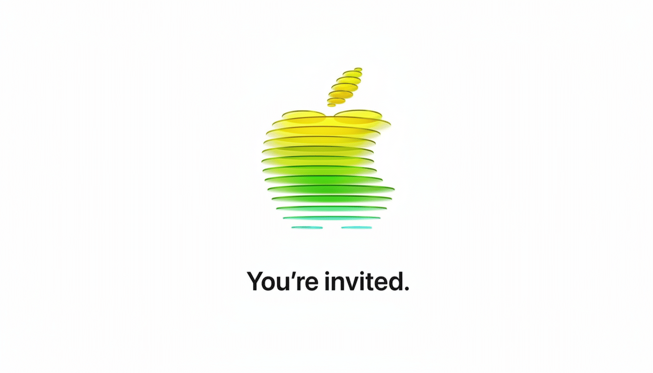 The Apple logo, composed of horizontal, colorful, layered slices in shades of yellow, green, and blue, centered on a white background. Below the logo, the text Youre invited. is written in black.