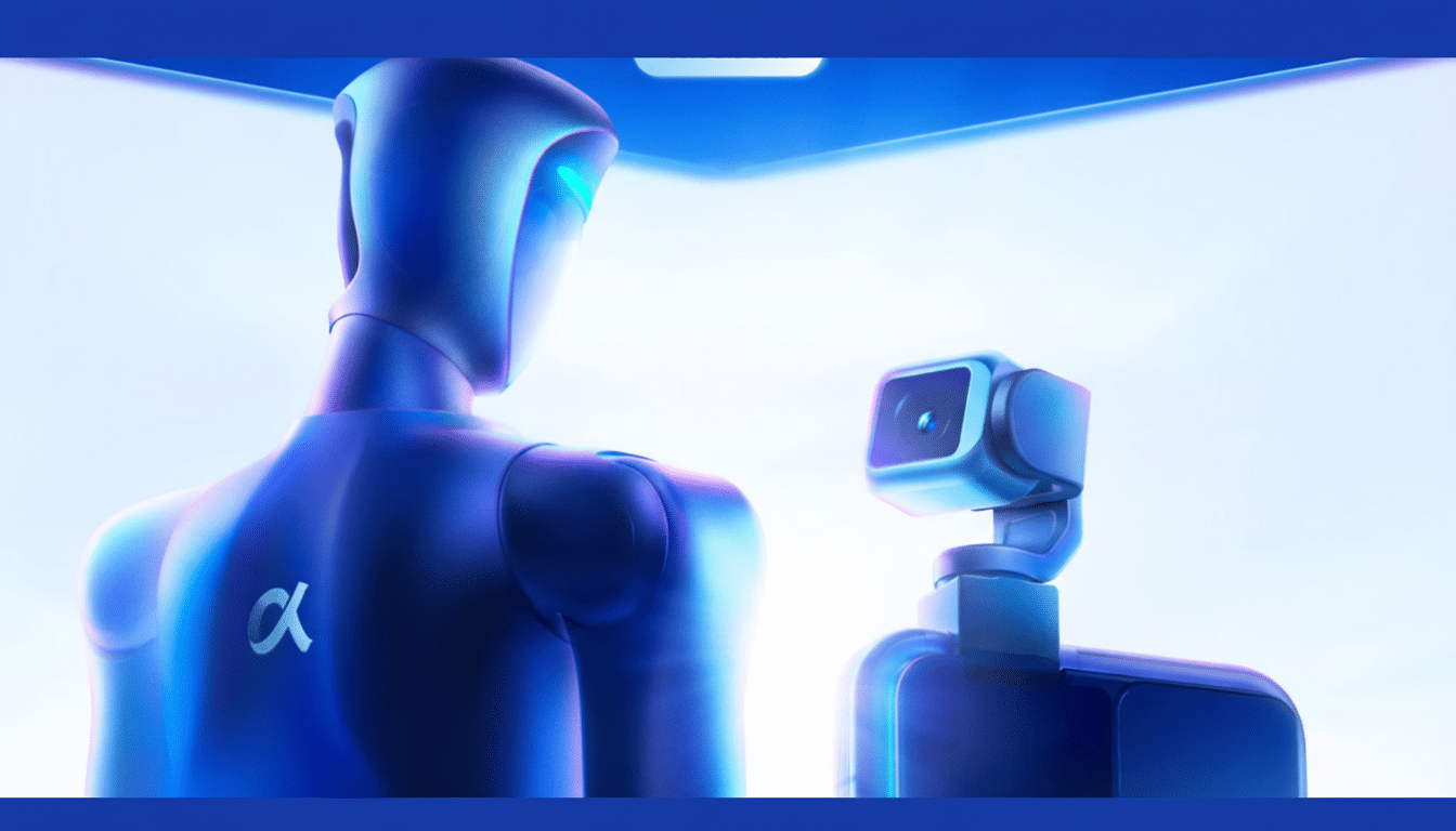 A blue humanoid robot with an alpha symbol on its back stands facing a smaller robot with a camera lens, both illuminated by a bright light.