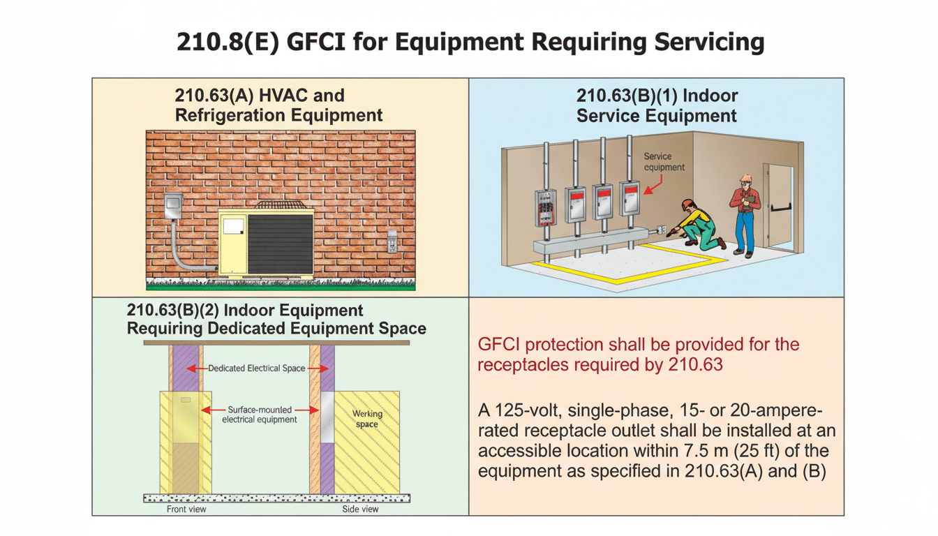 A diagram illustrating GFCI requirements for equipment requiring servicing, including HVAC and refrigeration equipment, indoor service equipment, and indoor equipment requiring dedicated equipment space.