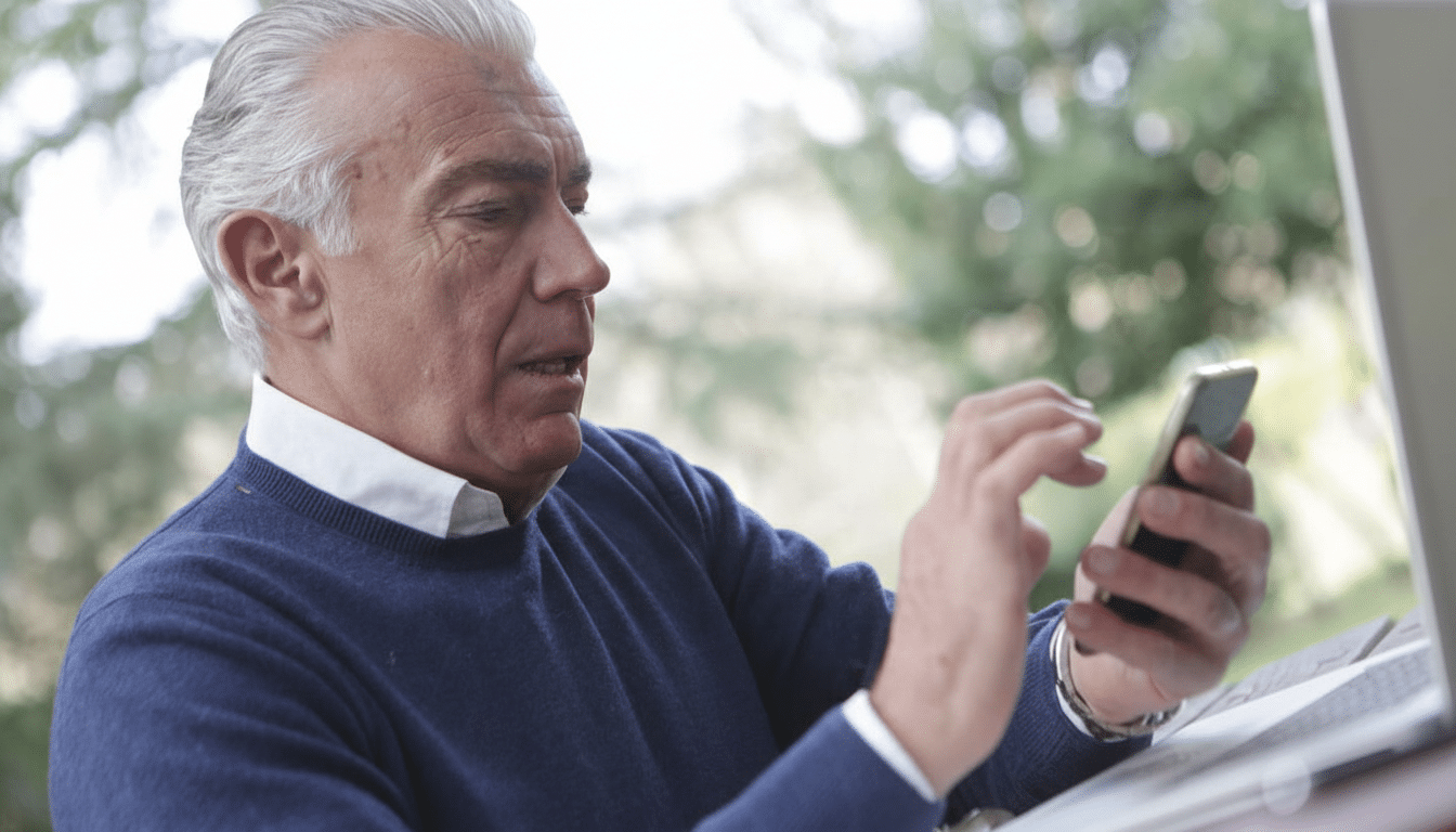 A man with gray hair wearing a blue sweater and white collared shirt, looking at his phone with a focused expression.