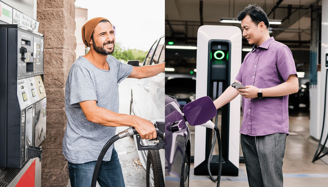 A split image showing a man fueling a car with gasoline on the left, and another man charging an electric car on the right.