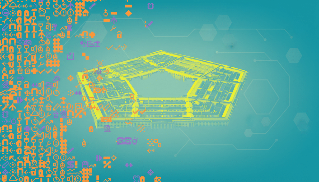 An aerial view of the Pentagon building, rendered in yellow, against a teal background with orange and purple digital characters on the left and subtle hexagonal patterns on the right.