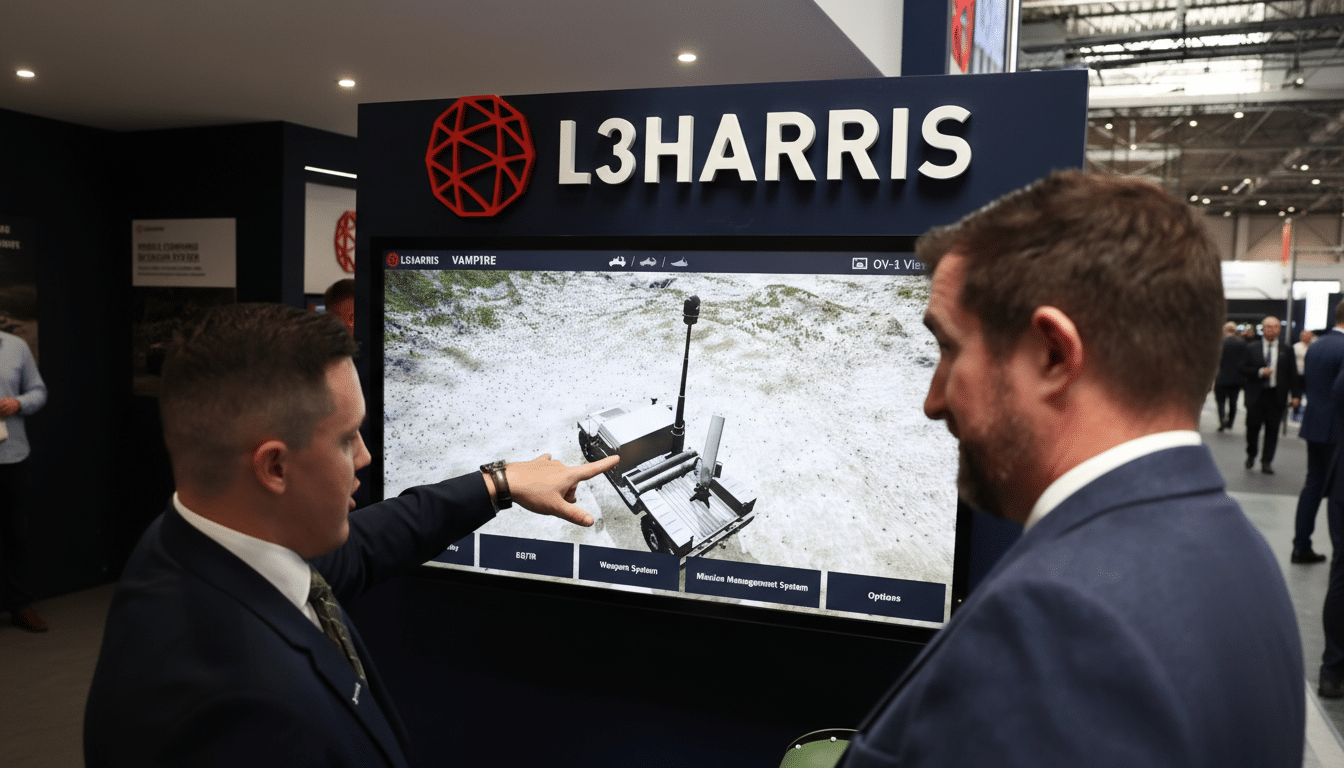 Two men in suits looking at a large screen displaying a 3D model of a military vehicle, with one man pointing at the screen.