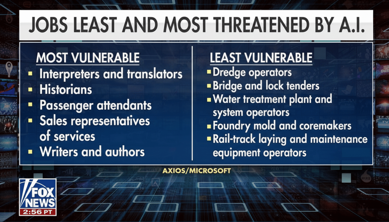 A Fox News graphic titled JOBS LEAST AND MOST THREATENED BY A.I. The MOST VULNERABLE column lists: Interpreters and translators, Historians, Passenger attendants, Sales representatives of services, and Writers and authors. The LEAST VULNERABLE column lists: Dredge operators, Bridge and lock tenders, Water treatment plant and system operators, Foundry mold and coremakers, and Rail-track laying and maintenance equipment operators. The graphic attributes the data to AXIOS/MICROSOFT.