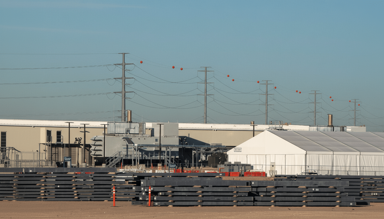 An industrial landscape featuring power lines with orange markers, various buildings including a large white tent, and stacks of dark rectangular materials in the foreground under a clear sky.