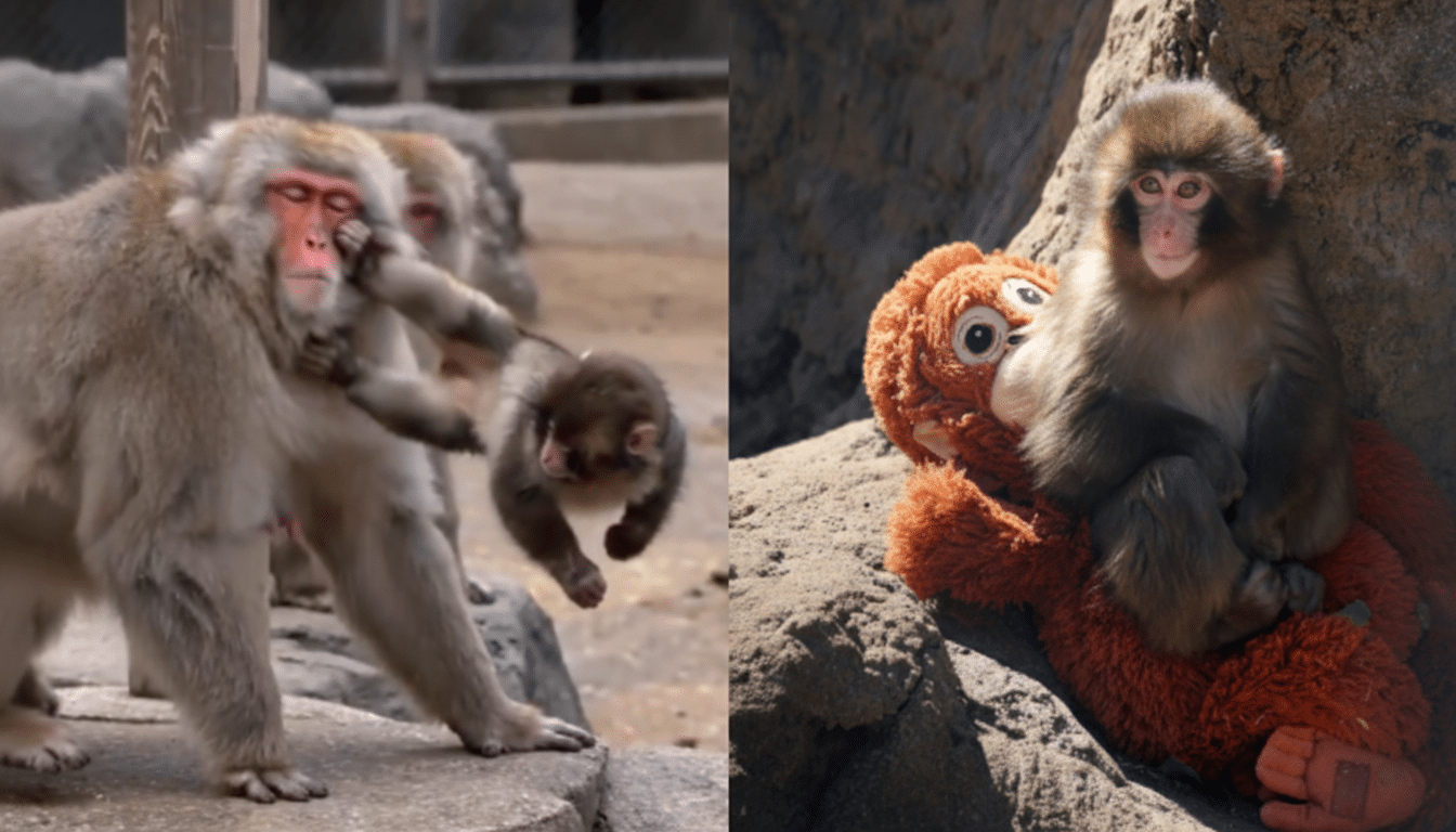 Split image showing two scenes of Japanese macaques. On the left, an adult monkey holds a baby monkey in its arms, and the baby dangles in the air. To the right, a young monkey sits leaning against a rock atop a large orange stuffed toy that resembles an orangutan.